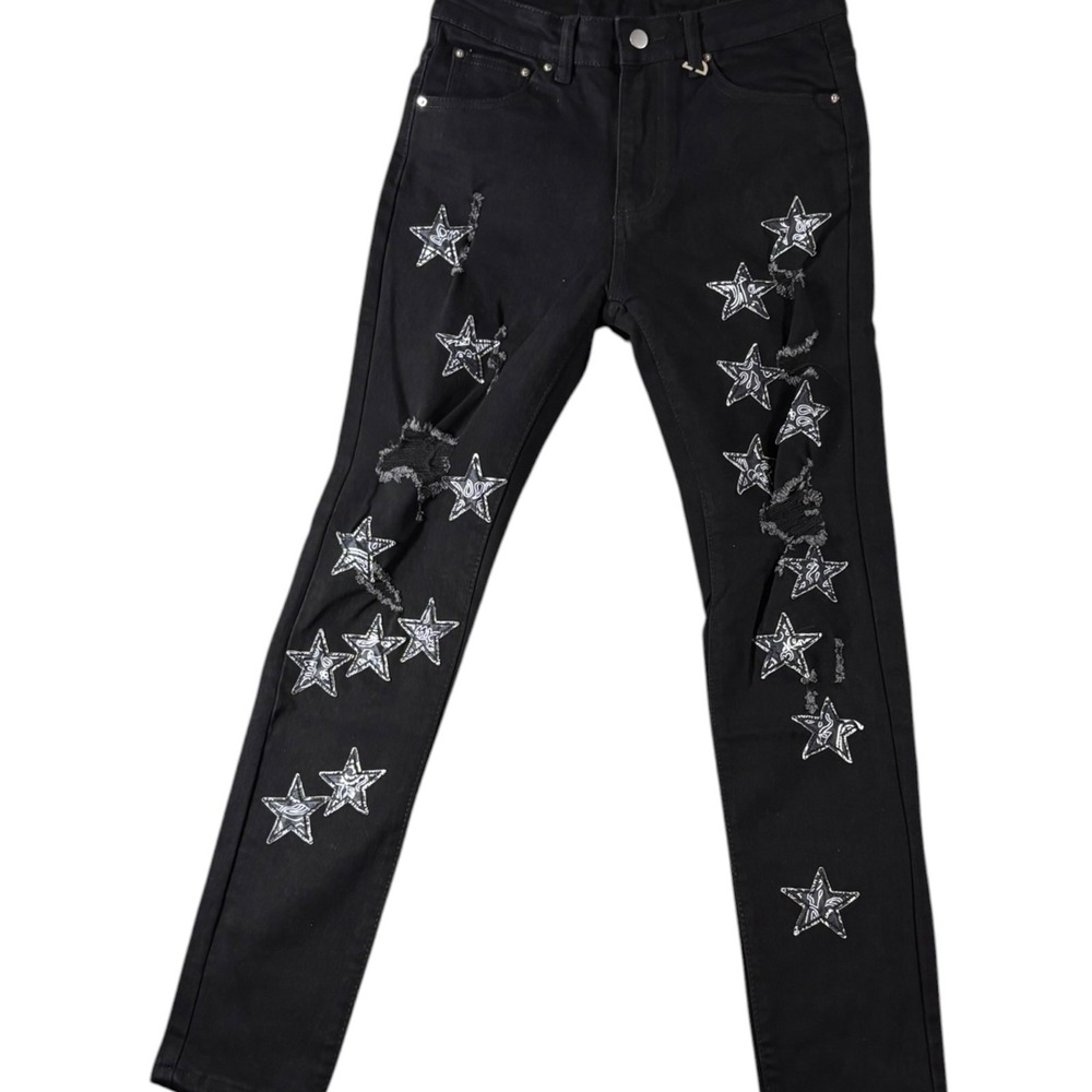 Watson‎ Straight Leg Jeans Mens 30 Black Denim Rockstar Distressed Star Patch